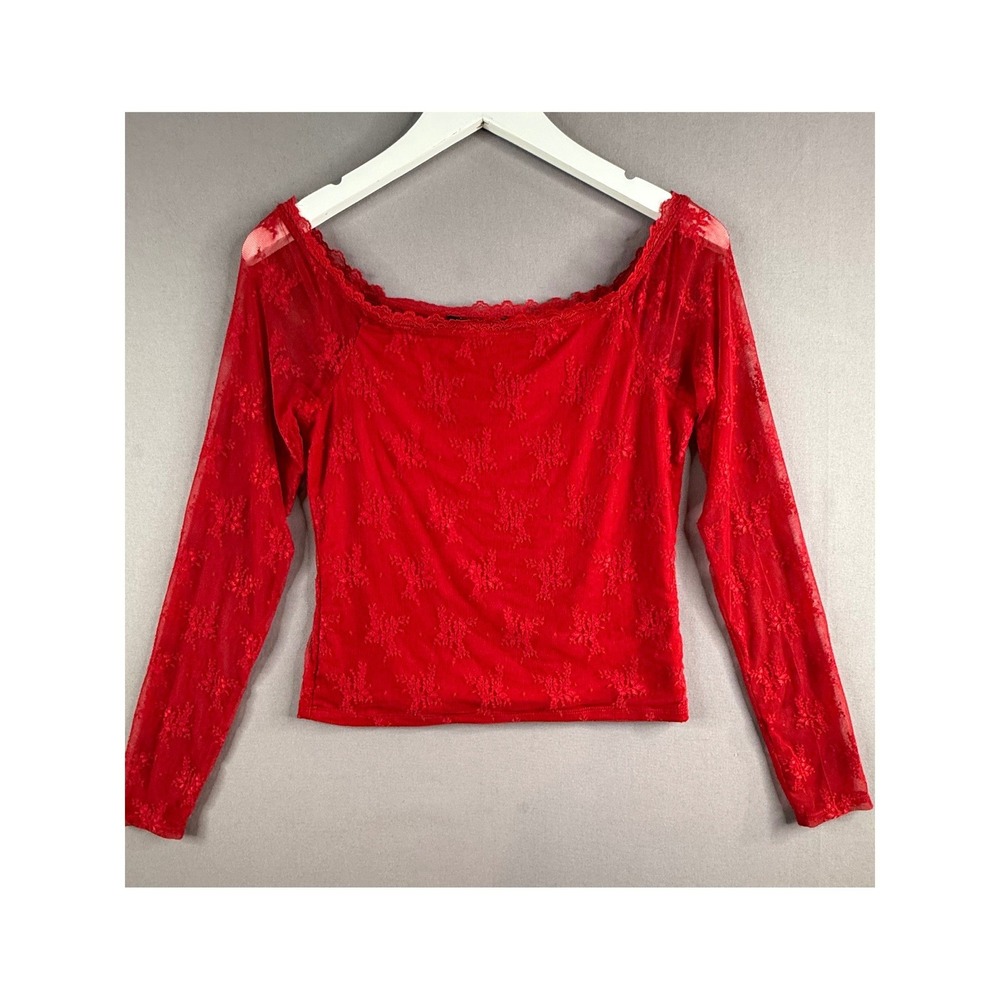 Y2K Lace Mesh Top Womens L Red Long Sleeve Coquette Goth Holiday Whimsigoth